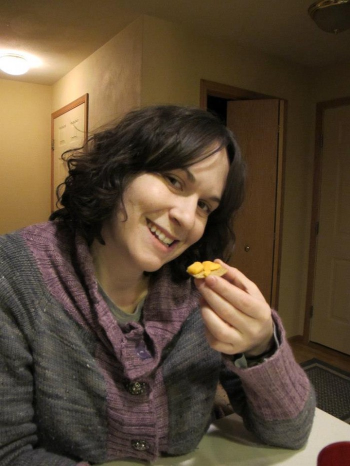 Deborah enjoying Wisconsin cheese curds